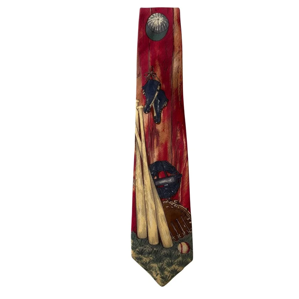 Lands End Mens Vintage Baseball Dugout Graphic Cotton Necktie Red Orange USA
